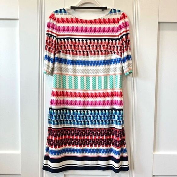 Eliza J Printed Stripe Shift Dress Women’s Size 10 Stretch Midi 3/4 Sleeve - Picture 1 of 14